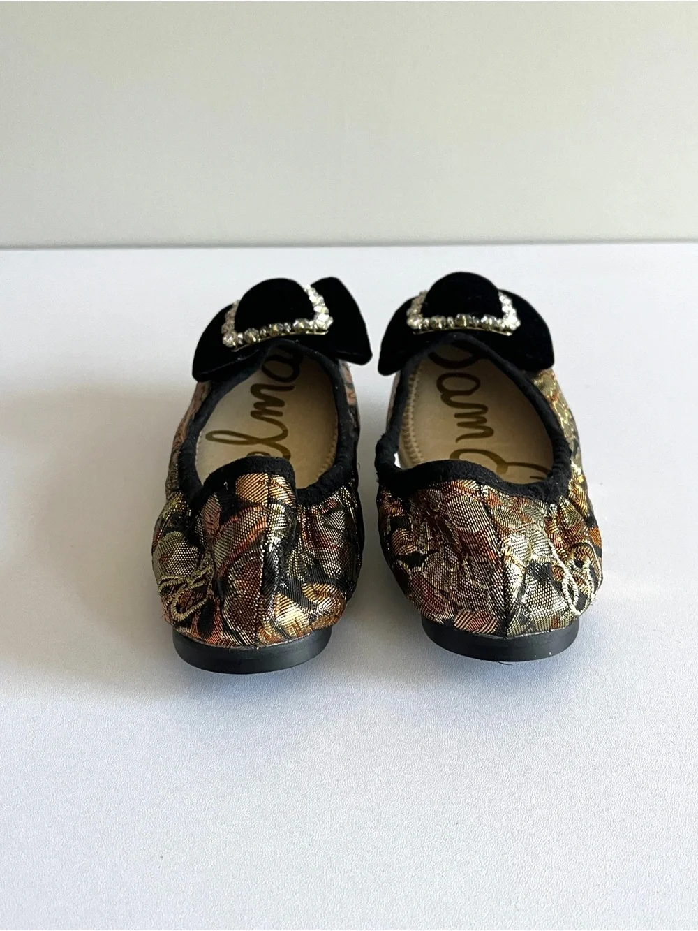 Sam Edelman girls ballet flat shoe 2 Farah gold brocade buckle black velvet bow